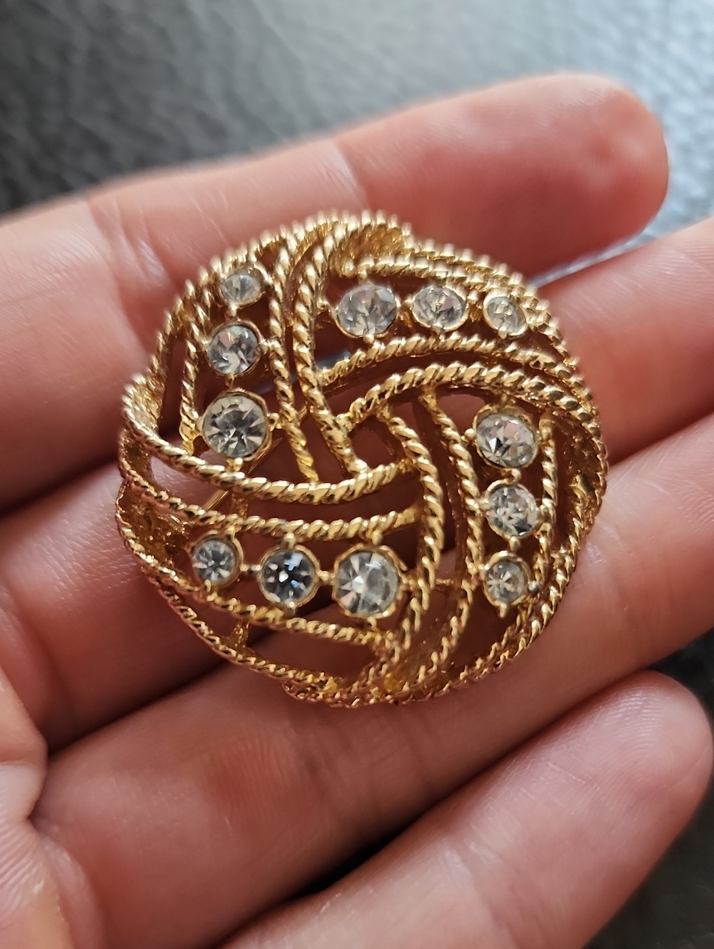 VTG Gold Crystal Swirl Brooch - Women Jewelry